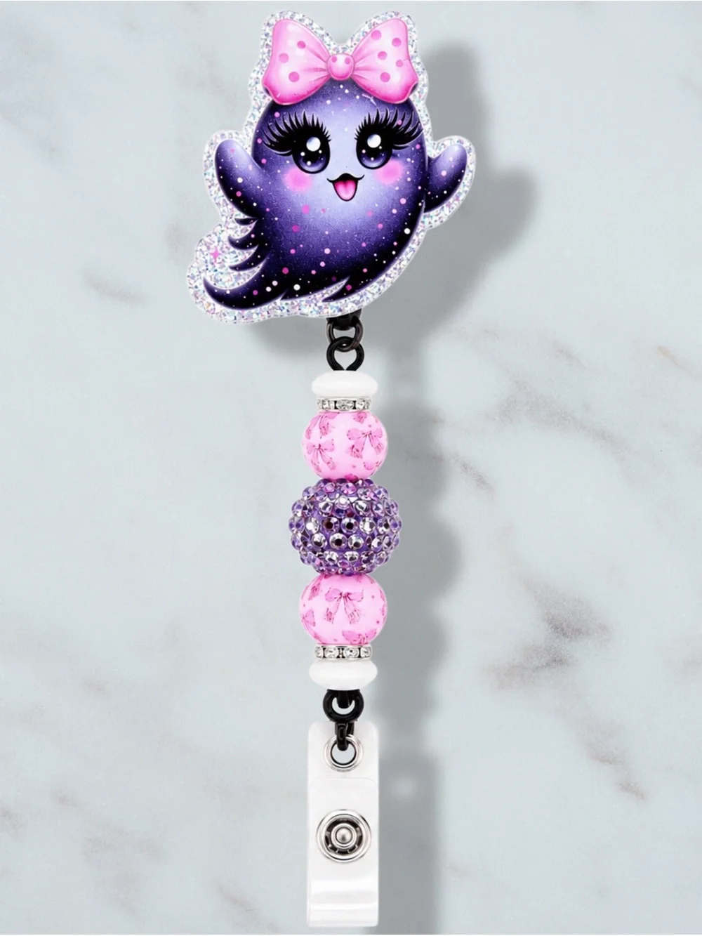 Ghost Pink Bow Beaded Badge Reel
